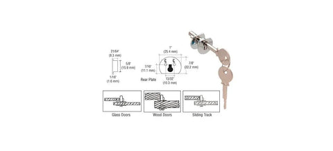 Premium Chrome Universal Plunger Lock Keyed Alike Setup for smooth glass or wood doors with dimensions and keys.