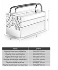 Built Like A Tank Knock Around Durable Foldable Stainless Steel Toolbox Set With Three Layer Compartments For Rugged Car Garage And Home Gear Organization Storage dimensions showing three-layer design and stainless steel material.
