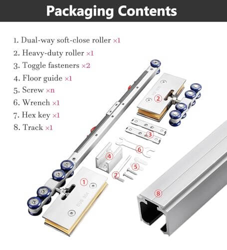 Soft Close Sliding Door Track Kit For Glass Doors 7.5 Foot Aluminum Barn Door Hardware with tools and components displayed