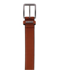 Go To Mens Stretch Leather Dress Belt With Brushed Gunmetal Buckle, frontal view showing buckle and tan leather, 1 3/8 inch width