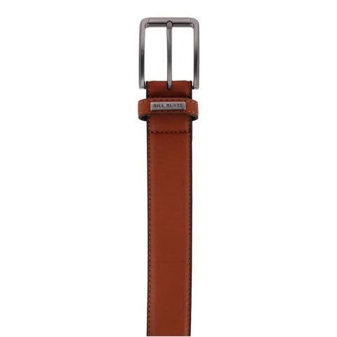 Go To Mens Stretch Leather Dress Belt With Brushed Gunmetal Buckle, frontal view showing buckle and tan leather, 1 3/8 inch width
