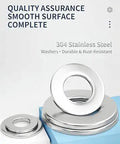 Close-up of 304 Stainless Steel Flat Washers Set 105 Pcs Assortment M2 To M10 for home repair and DIY projects, shown on display.