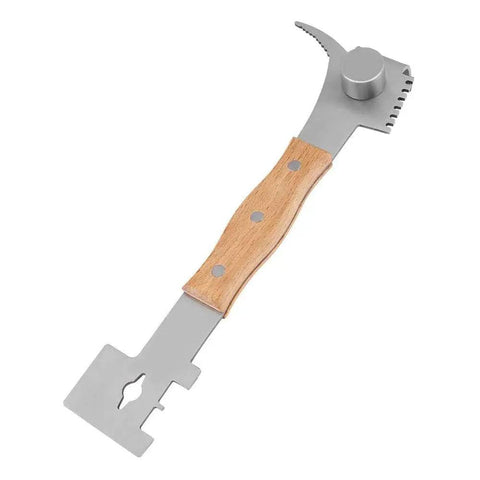 All-In-One Beekeeping Steel Hive Tool With Wooden Handle, showing scraper and J hook design for efficient beekeeping