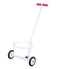 Manual Bucket Cart With Angled Padded Handle And Open Frame Holder For Guided Transport Easy Grab And Go Two Wheel Trolley Carrier For Hauling Buckets And Containers Across Home Or Shop White, white metal frame, two wheels