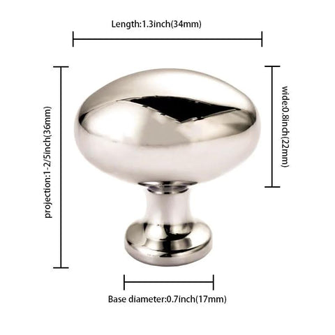 10 Pack Polished Nickel Oval Cabinet Knobs 35 Mm Zinc Drawer Knobs, detailed view with dimensions labeled, ideal for kitchen cabinets