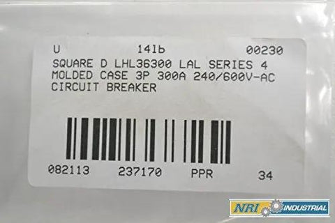 Heavy Duty Badass 3 Pole 300A 600V Molded Case Circuit Breaker label showing specifications and model details.