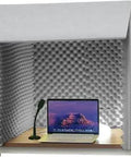 Slick Plug And Play Portable Folding Vocal Sound Booth Crafted With Heavy Duty Acoustic Cotton Paneling For Crisp Dead Air Free Audio Quality Perfect For Chill Podcasts Home Studio Grind And Smooth Video Calls with microphone and laptop on desk.