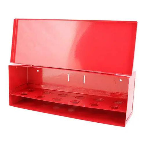Heavy Duty Red Fire Sprinkler Spare Head Storage Box Holds Twelve 1 2 And 3 4 Inch Heads Features open lid with pre-drilled wall bracket.