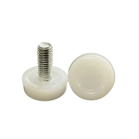 Heavy Duty Adjustable Leveling Feet For Tables, Chairs, And Sofas 8 Pack Iron And Plastic Construction M6 M8 Threaded Feet Wobble Free Stabilizers For Uneven Floors, close-up on threaded base and plastic pad