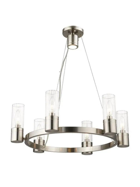 Midtown 6 Light Chandelier in Brushed Nickel Finish with Dope Modern Contemporary Design, featuring 6 illuminating heads, steel frame.