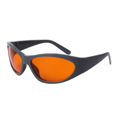 Premium Od5 Laser Safety Glasses Featuring Crystal Clear Lenses And Heavy Duty Frames with orange lenses in a side view.
