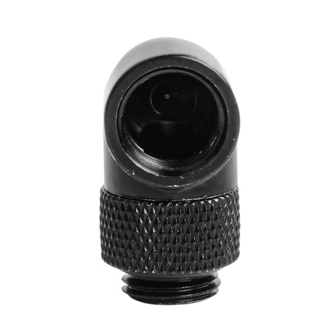 Black 90-degree G1/4 PC water-cooling elbow fitting with knurled body, front view.