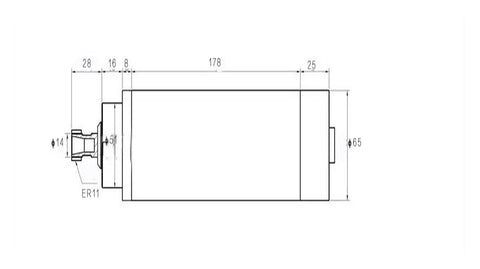 Heavy Duty 1.5KW ER11 Air Cooled Spindle Motor 24000 RPM 8A side view with dimensions for CNC Router use.