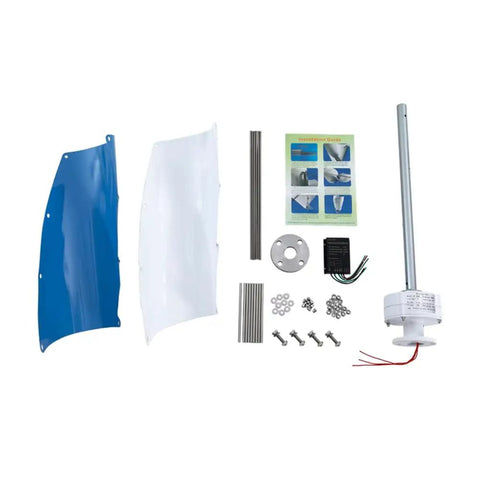 Components of Dead Quiet 12V 3000W Outdoor Emergency Wind Turbine Kit With Controller, including blue and white blades, mounting hardware