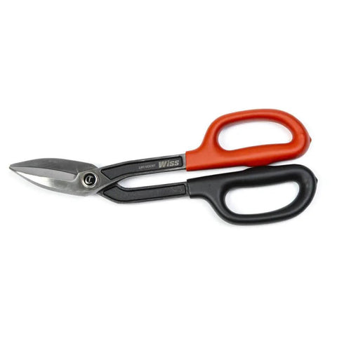 10 Inch Offset Pattern Tinner Snips Heavy Duty Precision Cutting Tool with red and black ergonomic handles for aluminum sheet metal