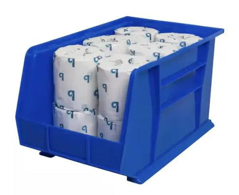 Heavy Duty Blue Plastic Stackable Storage Totes Six Pack Rock Solid Workhorse Bins With Slick Front Hopper And Secure Hanging Lip For Garage Shelves And Industrial Rail Systems