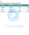 Compatibility chart for Front Wheel Hub And Bearing Assembly For Ford Escape 2001 2012 Mazda Tribute 2001 2011 Mercury Mariner 2005 2011