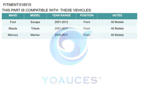 Compatibility chart for Front Wheel Hub And Bearing Assembly For Ford Escape 2001 2012 Mazda Tribute 2001 2011 Mercury Mariner 2005 2011