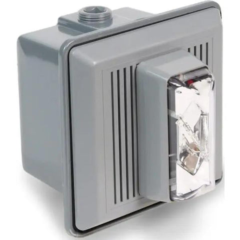 Heavy Duty Horn Strobe With Sleek Clear Lens And Gray Housing, 5 Inch Wall Signal Light, 120VAC, 90Db Alarm, built tough, gray enclosure.