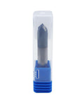 Front view of a 3/8-inch solid carbide end mill in a clear plastic tube with a blue base cap.