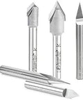 Five Piece Solid Carbide And Carbide Tipped V Groove Router Bit Set With 18 30 45 60 90 Degree Angles Built Tough High Precision