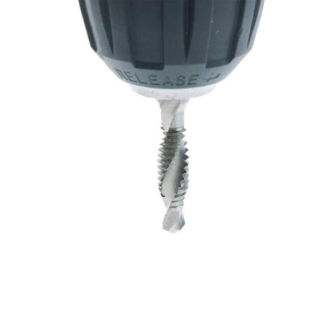 Close-up of drill with All In One Six Pack Drill And Tap Bit Set For Metal Wood And Plastic With Hex Shank Countersink Bits And Built In Taps