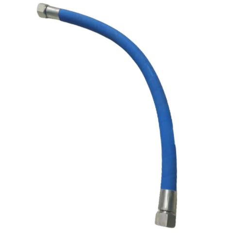Heavy Duty Replacement Air Hose For Compressors Featuring Kickin Durable Tubing And Quick Connect Fittings. Blue hose with metal ends.