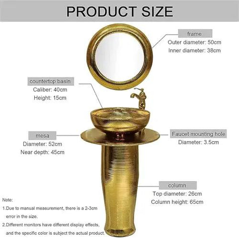 Straight Up Sleek 16 Inch Gold Ceramic Vessel Sink Pedestal Washbasin With Faucet And Drain High Gloss Porcelain Vanity Basin dimensions and details