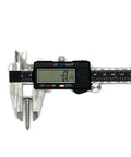 Close-up of a digital caliper measuring a stainless steel screw, with jaws around the threaded bolt and the display visible.