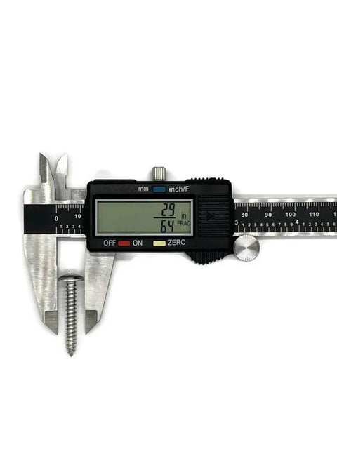 Close-up of a digital caliper measuring a stainless steel screw, with jaws around the threaded bolt and the display visible.