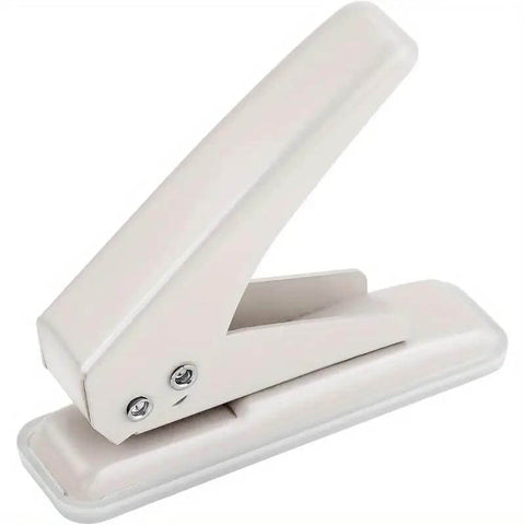 Side view of Heavy Duty Single Hole Puncher With One Quarter Inch Hole Twenty Sheet Capacity Metal Construction Skid Resistant Base