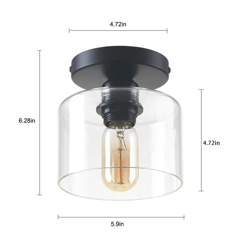 Modern Semi Flush Mount Ceiling Light With Matte Black Finish And Clear Glass Shade For Kitchen Hallway Closet Dining Room Farmhouse Style Dope Industrial Look E26 Base Compatible Five Point Nine Inch Fixture, showing dimensions.