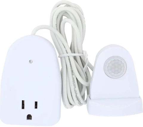 Indoor Plug In Motion Activated Light Controller Switch, Corded White, Single Sensor With Programmable On Off Timer shown