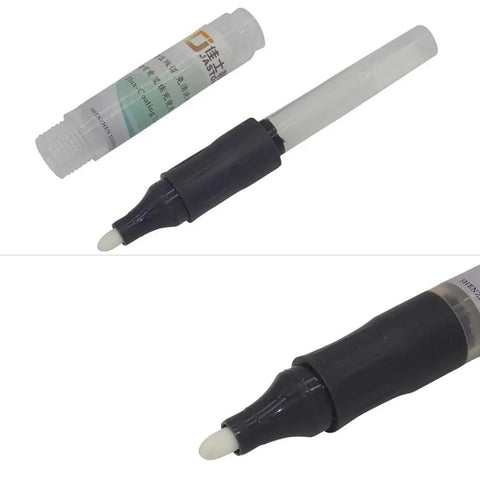 Close-up of Three Piece Solder Flux Pen Set Refillable Empty Alcohol Flux Pen For Electronics Welding And PCB Soldering Repair Tool, cap off.