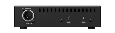 Back view of UAD 2 Satellite Quad Core Thunderbolt 3 DSP Interface for Mac and PC, showing ports for power and dual Thunderbolt connections.