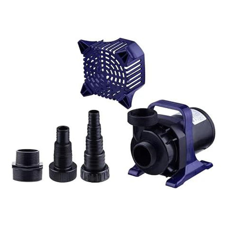 Front view of purple submersible pond pump with multiple hose adapters and intake guard.