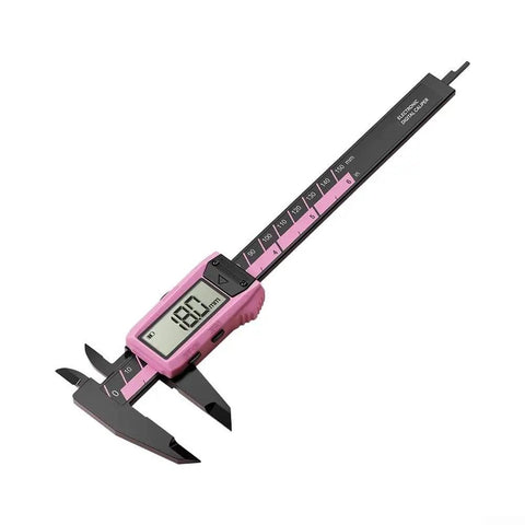 Digital Caliper, 0-150mm Range with 0.1mm Resolution in pink, displaying measurement on LCD screen, measures to 150mm.