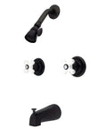 Magellan Tub And Shower Faucet With Porcelain Cross Handles In Oil Rubbed Bronze, 5 Inch Spout Reach, Wall Mount Design