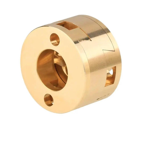 Upgrade Your 3D Printing Game With This NF T8 Oldham Coupling For Z-Axis And Hot Bed To Smooth Out Vibration And Boost Accuracy On BLV Or Voron Machines For Serious Builders. Gold aluminum 3D printer coupling, front view