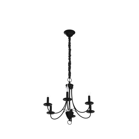 Six Light Black Farmhouse Chandelier With Industrial Modern Vibe Candle Style Hanging Light Fixture in black iron frame