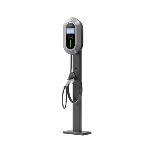 Heavy Duty Commercial DC Fast Charger Standalone Pedestal EVSE for Fleets Farms and Job Sites with charging cable.