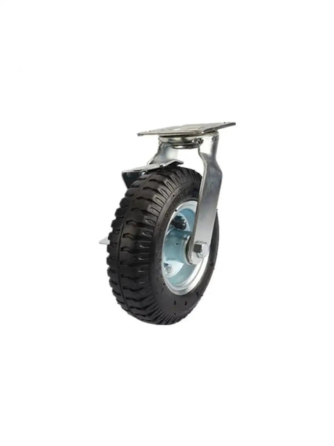 Heavy Duty 8 Inch Inflatable Rubber Caster Wheel With Secure Parking Brake Universal Fit for luggage trolleys, showcasing durable tread and metal frame.