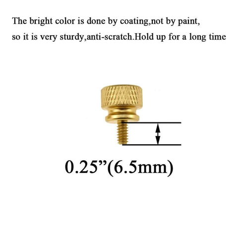 Gold anodized aluminum thumb screw, 0.25 inches, knurled head, 6-32 thread, sturdy, anti-scratch finish for computer cases.