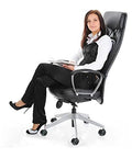 Black executive office chair with five caster wheels and a silver metal base.