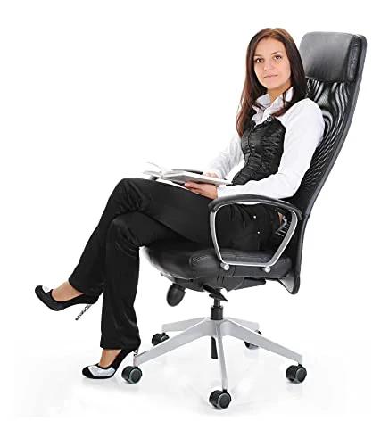 Black executive office chair with five caster wheels and a silver metal base.