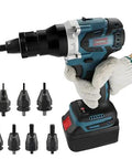 Heavy Duty Cordless Rivet Nut Tool With 26 Volt 5200 Mah Battery For M3 Through M12 Sizes showing different size fittings.