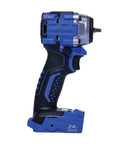 Side view of Certified Refurbished 24 Volt Max Brushless Cordless Impact Wrench Half Inch Drive Beefy Workhorse in blue and black.