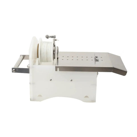 Kickass Stainless Steel Sausage Tying Machine For Home Grill Crews No Sweat Hand Crank Knotter For Fresh Cased Links Up To Forty Five Millimeters side view of tool with spool and metal tray
