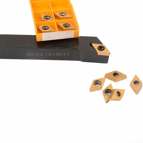 Top Tier Alloy Steel SDJCL1616H11 Lathe Turning Tool Holder with DCMT11T304 Inserts and replacement inserts displayed.