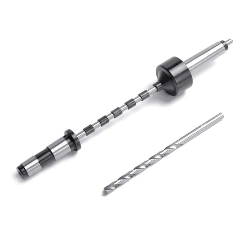 Pen Mandrel Bundle With Mandrel Saver 2MT for Woodturning Pens, bending-free system shown with drill bit, no knurled nut needed